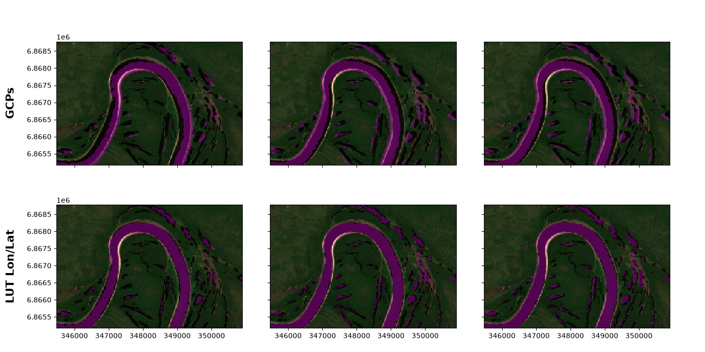 comparison of mapped river channels from three Biomass Level 1b granules